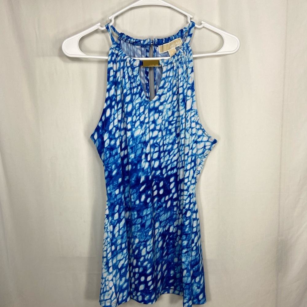 NWOT Michael Kors women’s blue white print high neck cutout stretch blouse top S